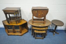 A SELECTION OF OAK OCCASIONAL FURNITURE, to include an oval nest of three tables, corner tv stand,