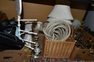THREE BOXES AND LOOSE LIGHT FITTINGS, HANDBAGS, PICTURES AND SUNDRY ITEMS, to include several