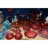 A COLLECTION OF CRANBERRY GLASSWARE, comprising a Bohemian crystal decanter decorated with