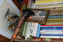 ONE BOX OF BOOKS, two Bird Prints and a Walking Stick, comprising over thirty book titles in