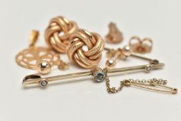 A SMALL SELECTION OF JEWELLERY, to include a pair of 9ct gold knot stud earrings, post fittings