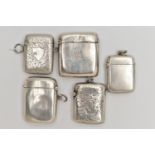 FIVE SILVER VESTA CASES, each of a rectangular form, one polished, two with an engine turned pattern