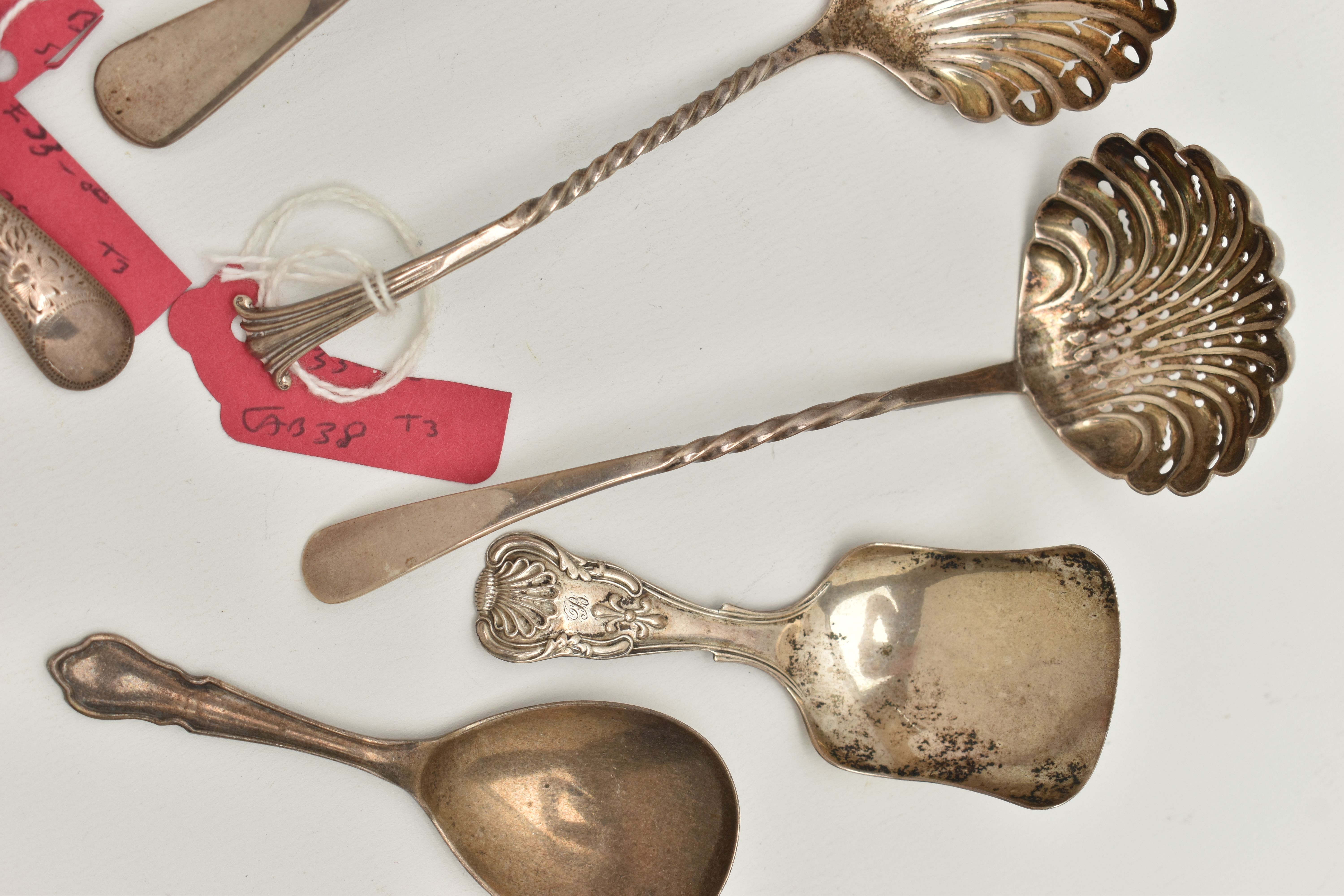 THREE SILVER CADDY SPOONS AND SIX SIFTER SPOONS, to include a 'George Unite' caddy spoon, hallmarked - Image 2 of 6