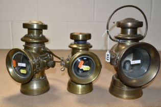 THREE VINTAGE BRASS CAR LAMPS, comprising 'The H & B SIDE LAMP NO 1008', cracked glass to the front,