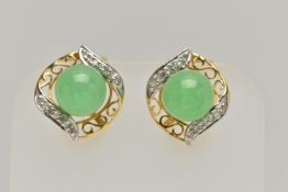 A PAIR OF JADE AND DIAMOND EARRINGS, each designed as a central jade sphere within a scrolling and