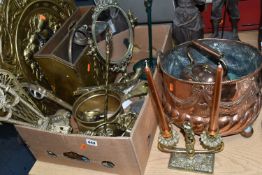 A BOX AND LOOSE METAL WARES ETC, to include a copper jardiniere, horse brasses, brass ornaments,