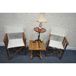 A PAIR OF FOLDING DIRECTORS CHAIRS, along with a folding lamp table, mahogany wine table and a table