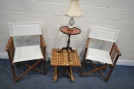 A PAIR OF FOLDING DIRECTORS CHAIRS, along with a folding lamp table, mahogany wine table and a table