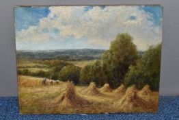 P. LESLIE (PETER?) AN EARLY 20TH CENTURY ENGLISH SCHOOL LANDSCAPE, three figures are harvesting a