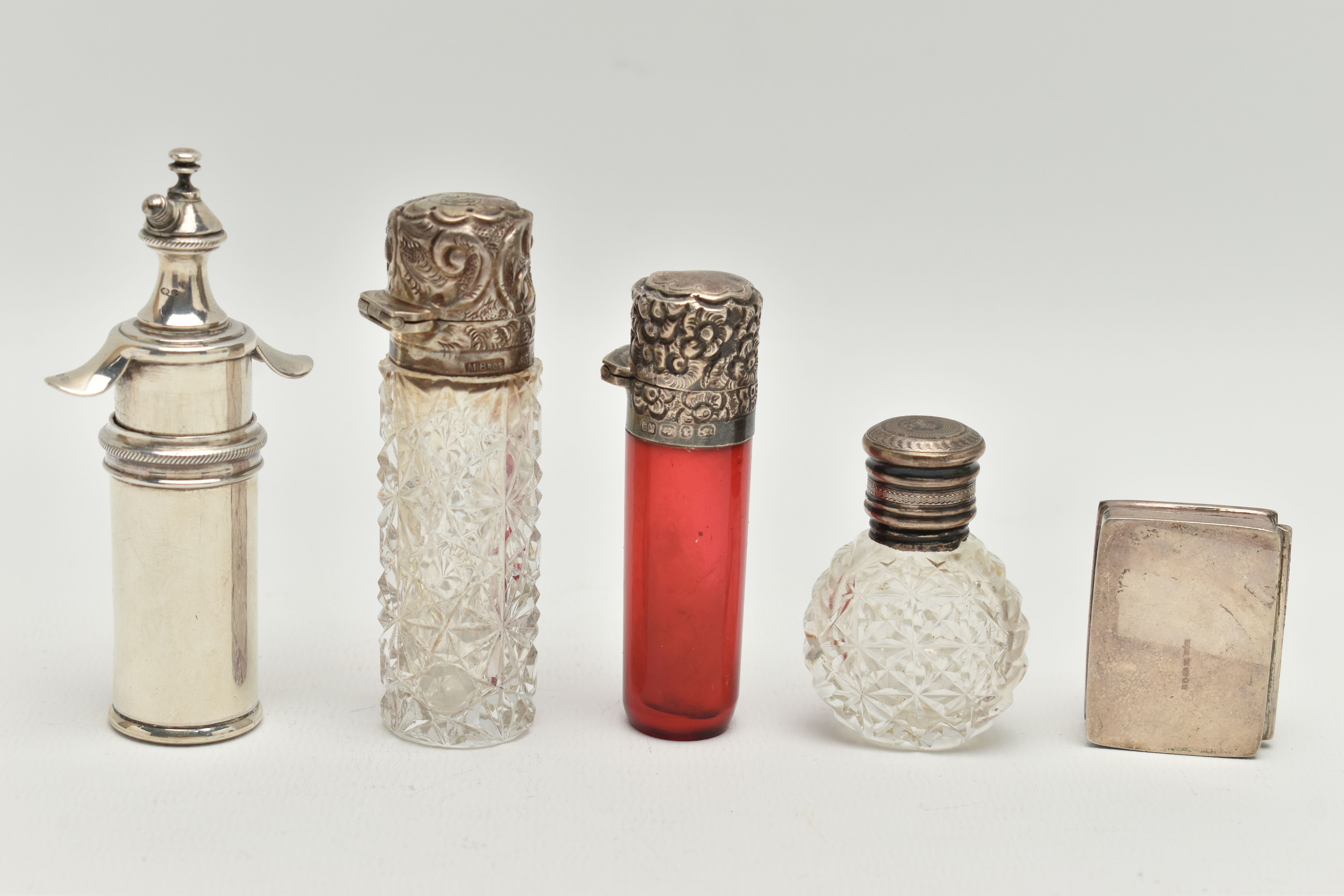 FIVE ITEMS, to include a red glass scent bottle with a silver embossed, hinged cover, hallmarked ' - Image 2 of 3