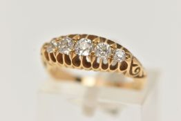 A EARLY 20TH CENTURY FIVE STONE DIAMOND BOAT RING, five old cut diamonds, prong set in yellow metal,