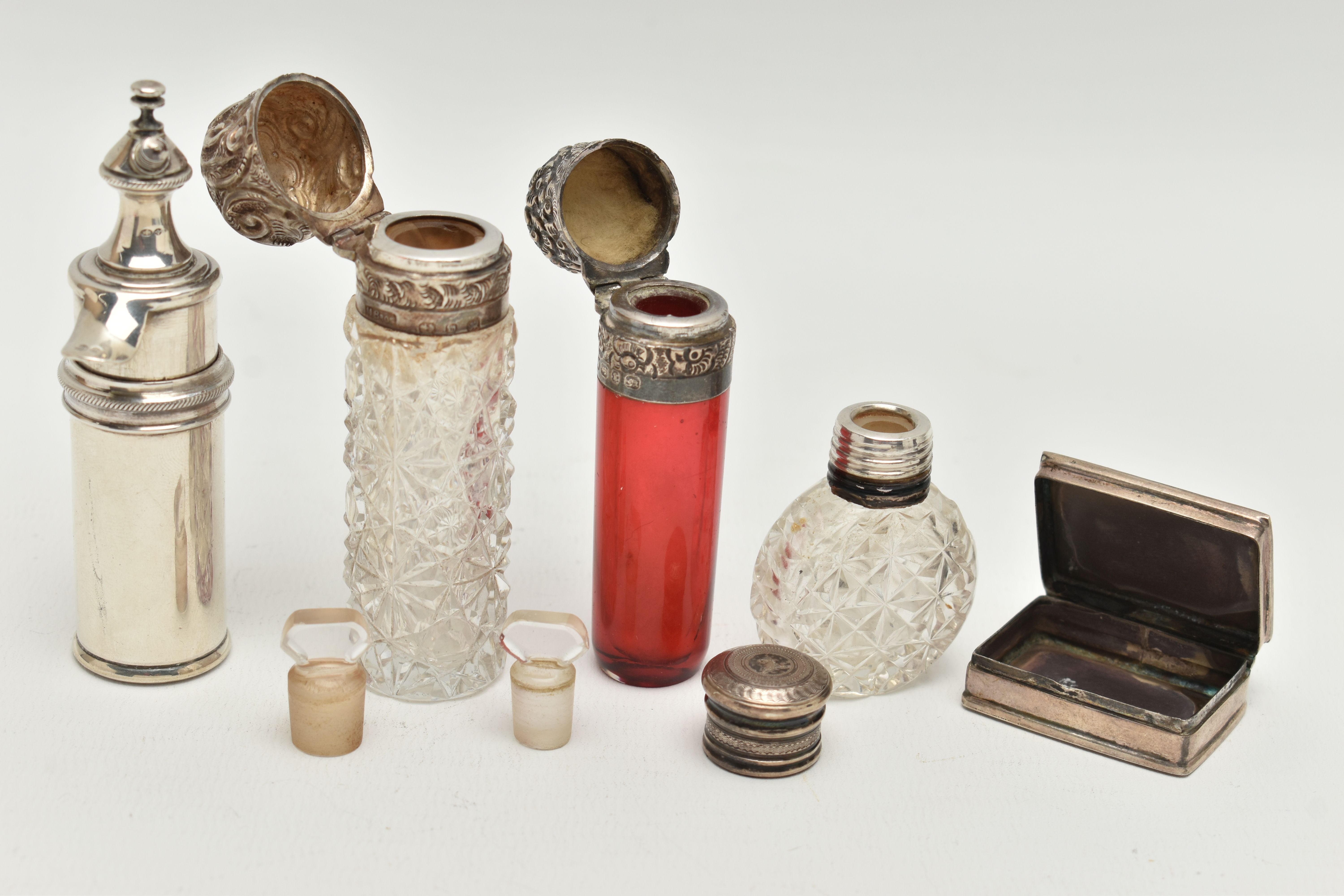 FIVE ITEMS, to include a red glass scent bottle with a silver embossed, hinged cover, hallmarked ' - Image 3 of 3