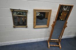 A REGENCY GILT FRAMED WALL MIRROR, 46cm x 57cm along with a pine cheval mirror, and another wall
