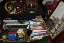 A BOX, A SUITCASE AND LOOSE OF CLOCKS, COLLECTABLES,FRAMED PRINTS, ETC, including a quantity of