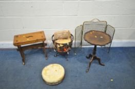 A SELECTION OF OCCASIONAL FURNITURE, to include a pine trestle stool, a wrought iron illuminated log