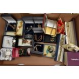 A BOX OF ASSORTED COSTUME AND JEWELLERY AND WATCHES, four fashion watches, names to include