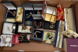 A BOX OF ASSORTED COSTUME AND JEWELLERY AND WATCHES, four fashion watches, names to include