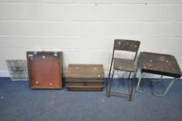 A SELECTION OF OCCASIONAL FURNITURE, to include a vintage child's desk on a metal base, width 49cm x