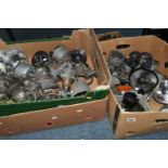THREE BOXES OF VINTAGE CAR PARTS AND ACCESSORIES ETC, to include four glass bowl fuel pumps, an AC