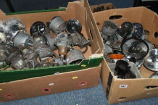 THREE BOXES OF VINTAGE CAR PARTS AND ACCESSORIES ETC, to include four glass bowl fuel pumps, an AC