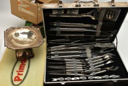 A BOX OF ASSORTED ITEMS, to include a cased 'Prima' barbeque kit, a selection of white metal table