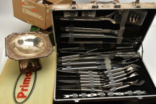 A BOX OF ASSORTED ITEMS, to include a cased 'Prima' barbeque kit, a selection of white metal table