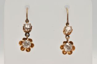 A PAIR OF LATE 19TH CENTURY DIAMOND DROP EARRINGS, two old cut diamonds prong set in yellow metal,