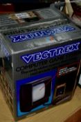 VECTREX GAME CONSOLE BOXED, games include Hyper Chase, Armour Attack (with screen overlay) and