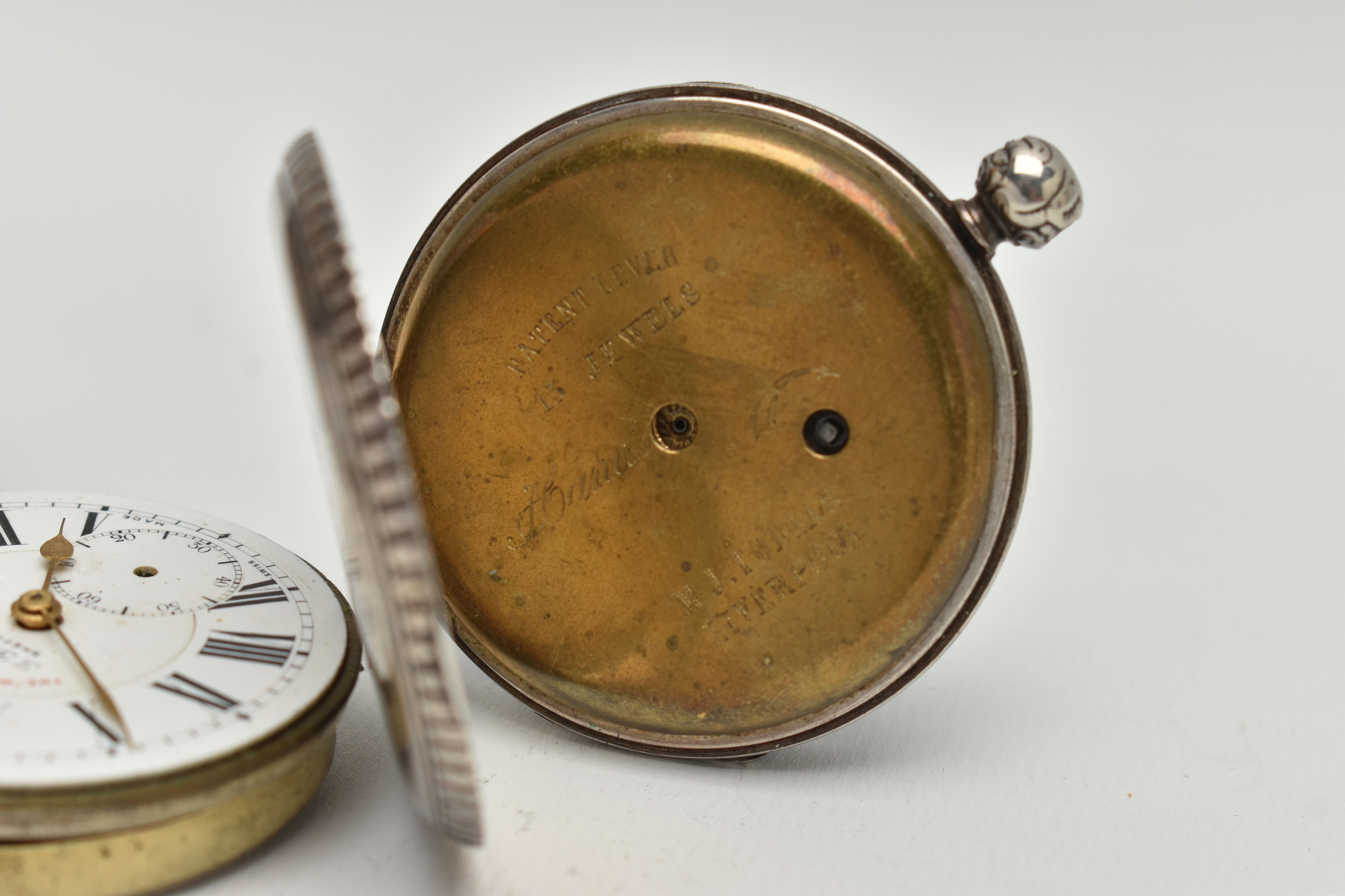 TWO OPEN FACE POCKET WATCHES, the first an AF white metal, open face pocket watch, (missing glass - Image 4 of 6
