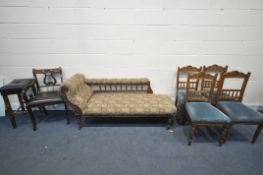 AN EDWARDIAN MAHOGANY CHAISE LONGUE, length 160cm, four chairs, along with a lyre back armchair, and