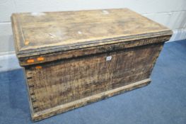 A 19TH CENTURY STAINED PINE TOOL CHEST, width 92cm x depth 48cm x height 48cm (condition report: