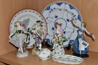 A SMALL GROUP OF LATE 19TH AND 20TH CENTURY CERAMICS, comprising an Art Deco porcelain figure of a