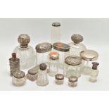 A BOX OF ASSORTED SILVER LIDDED VANITY JARS, to include two round glass bottles, one with an