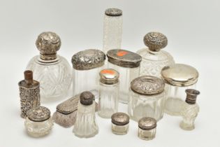A BOX OF ASSORTED SILVER LIDDED VANITY JARS, to include two round glass bottles, one with an