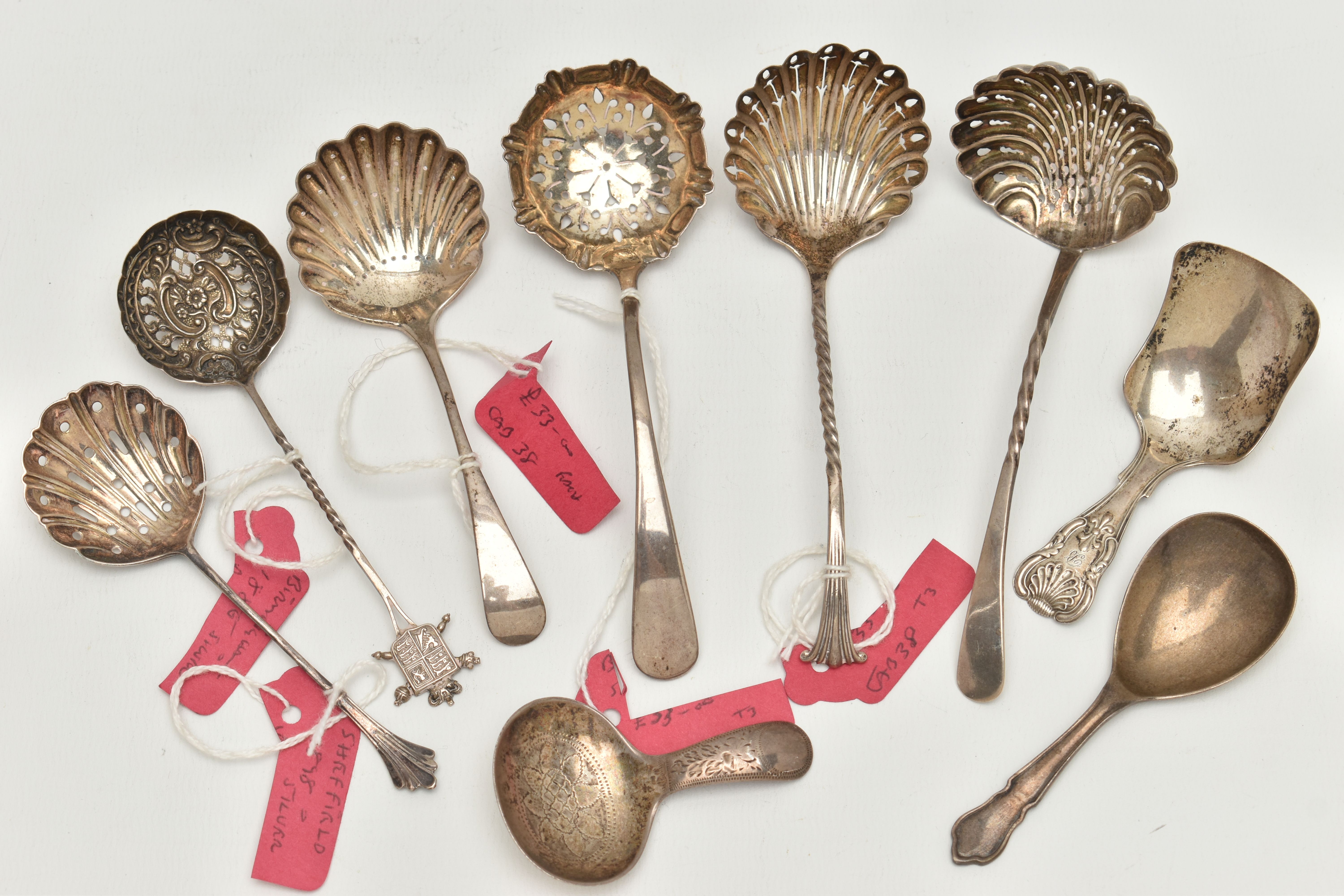 THREE SILVER CADDY SPOONS AND SIX SIFTER SPOONS, to include a 'George Unite' caddy spoon, hallmarked