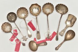 THREE SILVER CADDY SPOONS AND SIX SIFTER SPOONS, to include a 'George Unite' caddy spoon, hallmarked