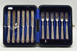 A CASED SET OF SIX EDWARDIAN SILVER DESSERT KNIVES AND FORKS. the handles with a feathered pattern