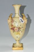 A ROYAL WORCESTER VASE WITH MASK BOSS HANDLES, a collared flared neck vase in a blush ivory ground