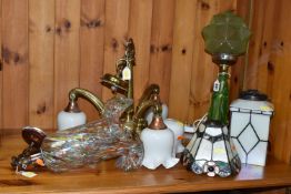 AN ART DECO THREE GRACES URANIUM GLASS TABLE LAMP, TWO CEILING LIGHT FITTINGS AND A TIFFANY STYLE