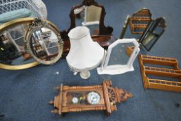 A SELECTION OF WALL MIRRORS, to include a metal triple dressing mirror, a mahogany swing mirror, a
