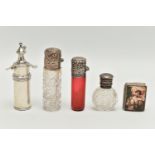 FIVE ITEMS, to include a red glass scent bottle with a silver embossed, hinged cover, hallmarked '