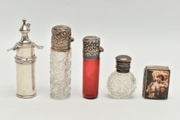 FIVE ITEMS, to include a red glass scent bottle with a silver embossed, hinged cover, hallmarked '