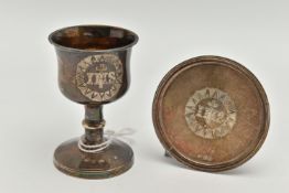 A WILLIAM IV / VICTORIAN SILVER TRAVELLING CHALICE AND PATEN, inscribed to the underside of the