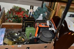 THREE BOXES AND LOOSE PICTURES, CHRISTMAS DECORATIONS AND SUNDRIES, to include two metal cash boxes,