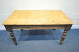 A VICTORIAN STYLE PINE KITCHEN TABLE, on turned legs, width 137cm x depth 74cm x height 77cm (