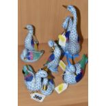 FIVE HUNGARIAN HEREND PORCELAIN BIRDS, comprising a pair of geese, two pairs of ducks, a preening