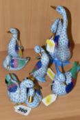 FIVE HUNGARIAN HEREND PORCELAIN BIRDS, comprising a pair of geese, two pairs of ducks, a preening