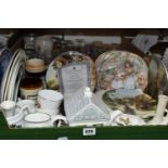 TWO BOXES OF CERAMICS AND GLASSWARE, to include a German stein collection, five Wedgwood 'Country