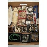 A BOX OF ASSORTED COSTUME JEWELLERY AND ITEMS, to include a boxed imitation pearl necklace, an