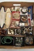 A BOX OF ASSORTED COSTUME JEWELLERY AND ITEMS, to include a boxed imitation pearl necklace, an
